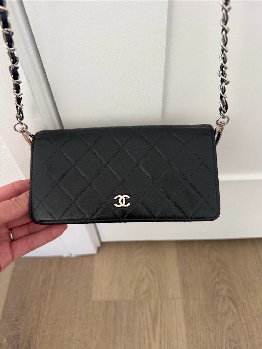 CHANEL Black Quilted Mini Chain Wallet with Silver CC